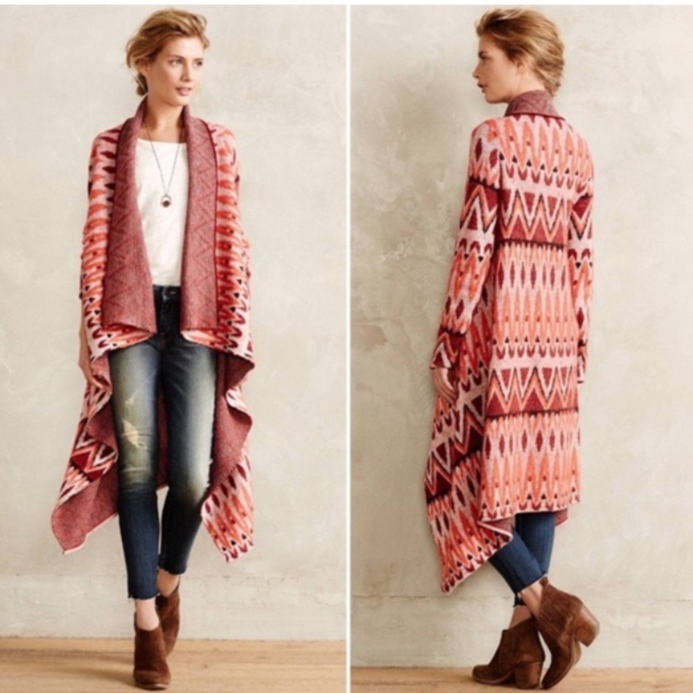 Anthropologie Sleeping on Snow Wool Red Aztec Boho Duster Long Knit Size Small